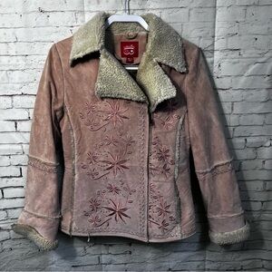 Vintage Embroidered Suede Leather Coat Faux Fur Trim Phoebe Size Small 90’s 00’s